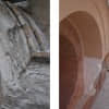 Detalle de cornisa antes y después de la restauración